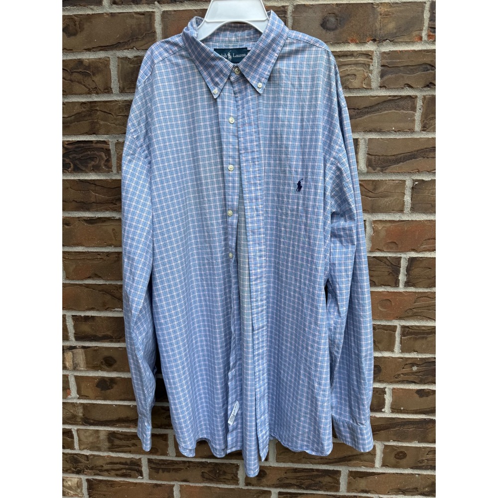 Ralph Lauren Mens XLT Tall Classic Fit Blue Pink Plaid Long Sleeve Button Down